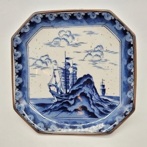 Sailing Boats Vintage Andrea By Sadek Cobalt Blue & White 7.5 square Japan Dish - Picture 5 of 5